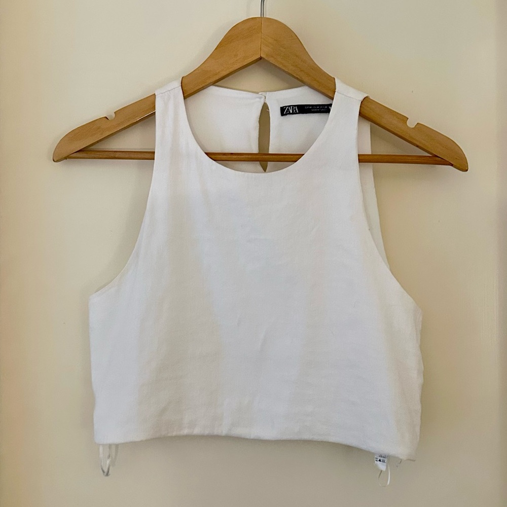 ZARA White Cropped Tank Top Linen Blend Size M